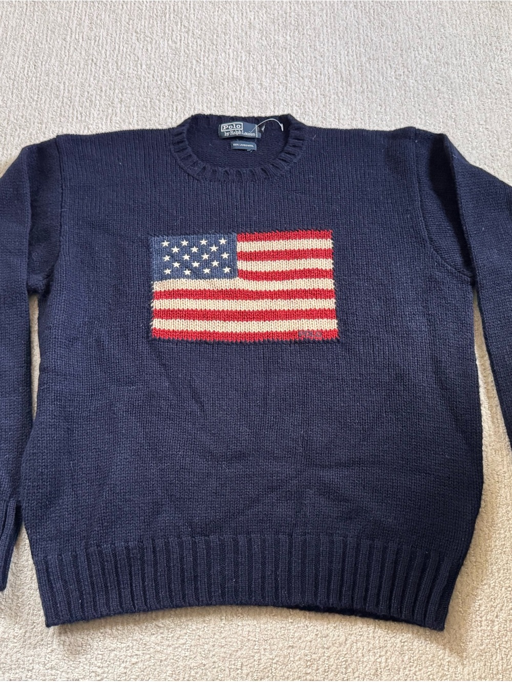 Vintage 100% Wool Ralph Lauren Navy Crewneck Sweater with Flag Patch